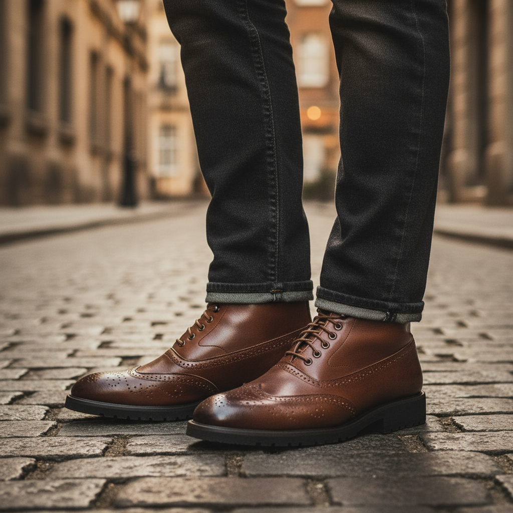 Full-Grain Leather Brogue Boots with Rubber Sole