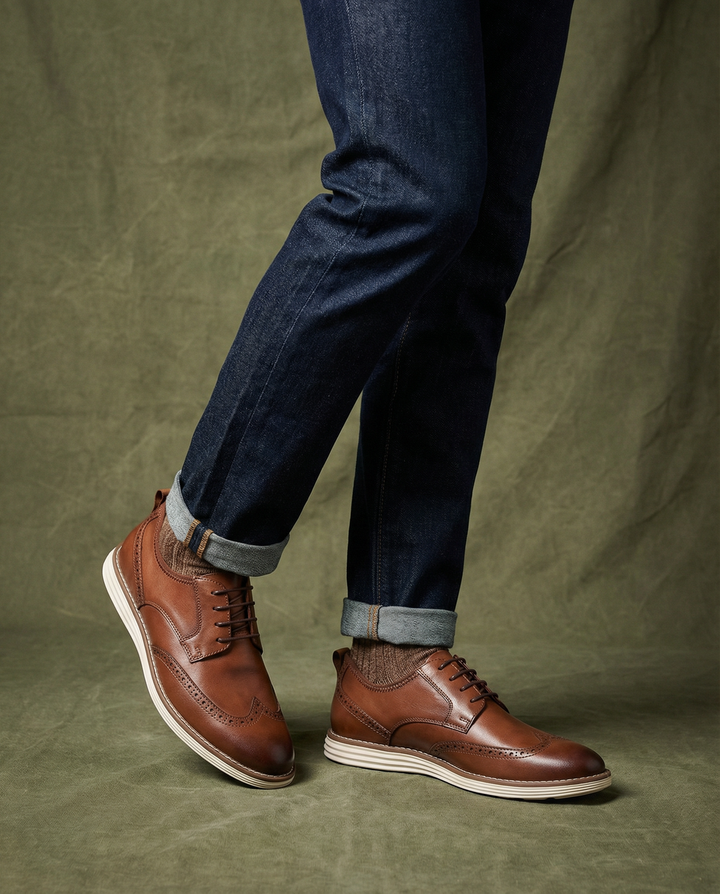 Leather Brogue Shoes with Wingtip Detail and Cushioned Sole