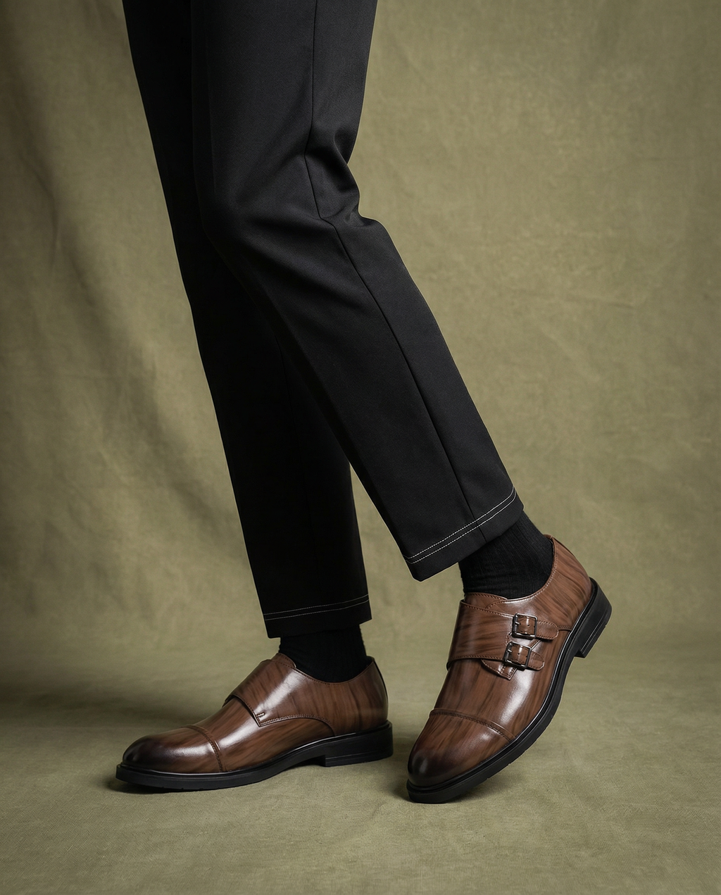 Leather Monk Strap Shoes with Double Buckle Strap