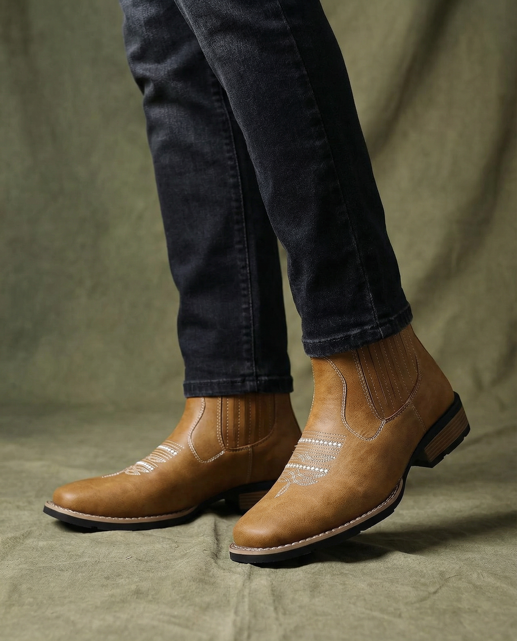 Leather Chelsea Boots with Western Stitching and Stacked Heel