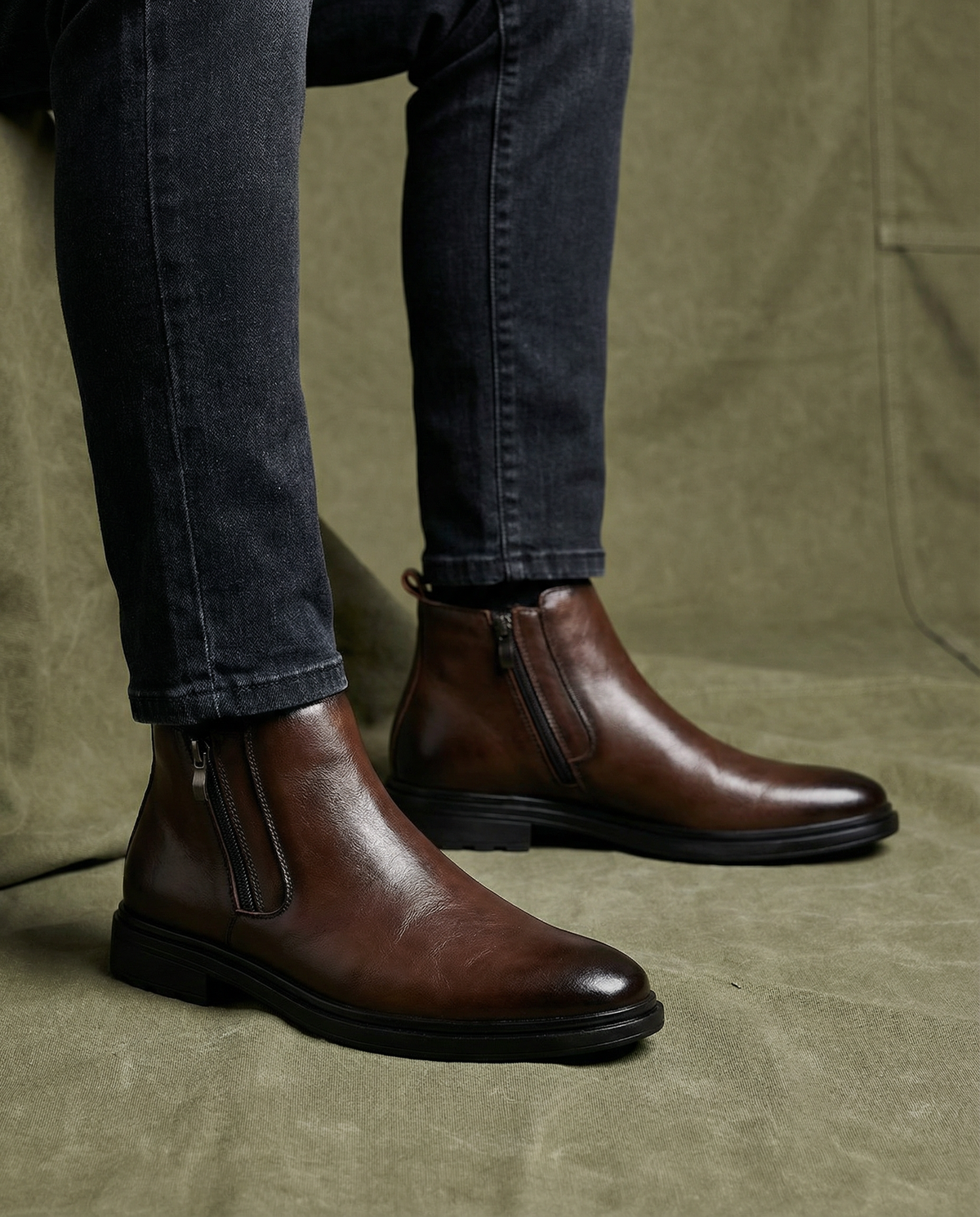 Leather Boots with Side Zipper and Patina Finish