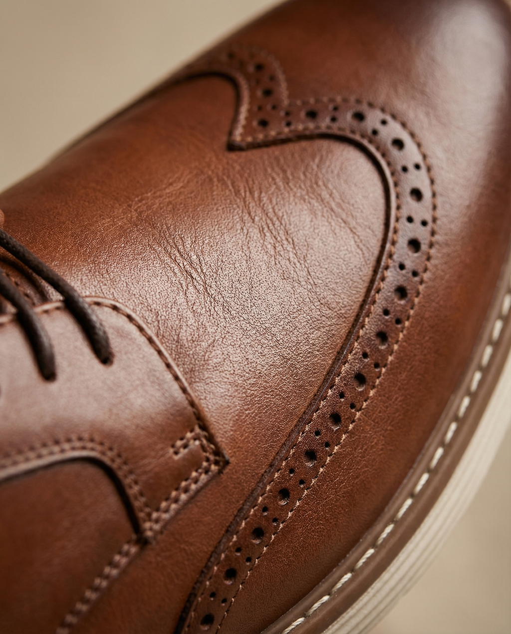 Leather Brogue Shoes with Wingtip Detail and Cushioned Sole