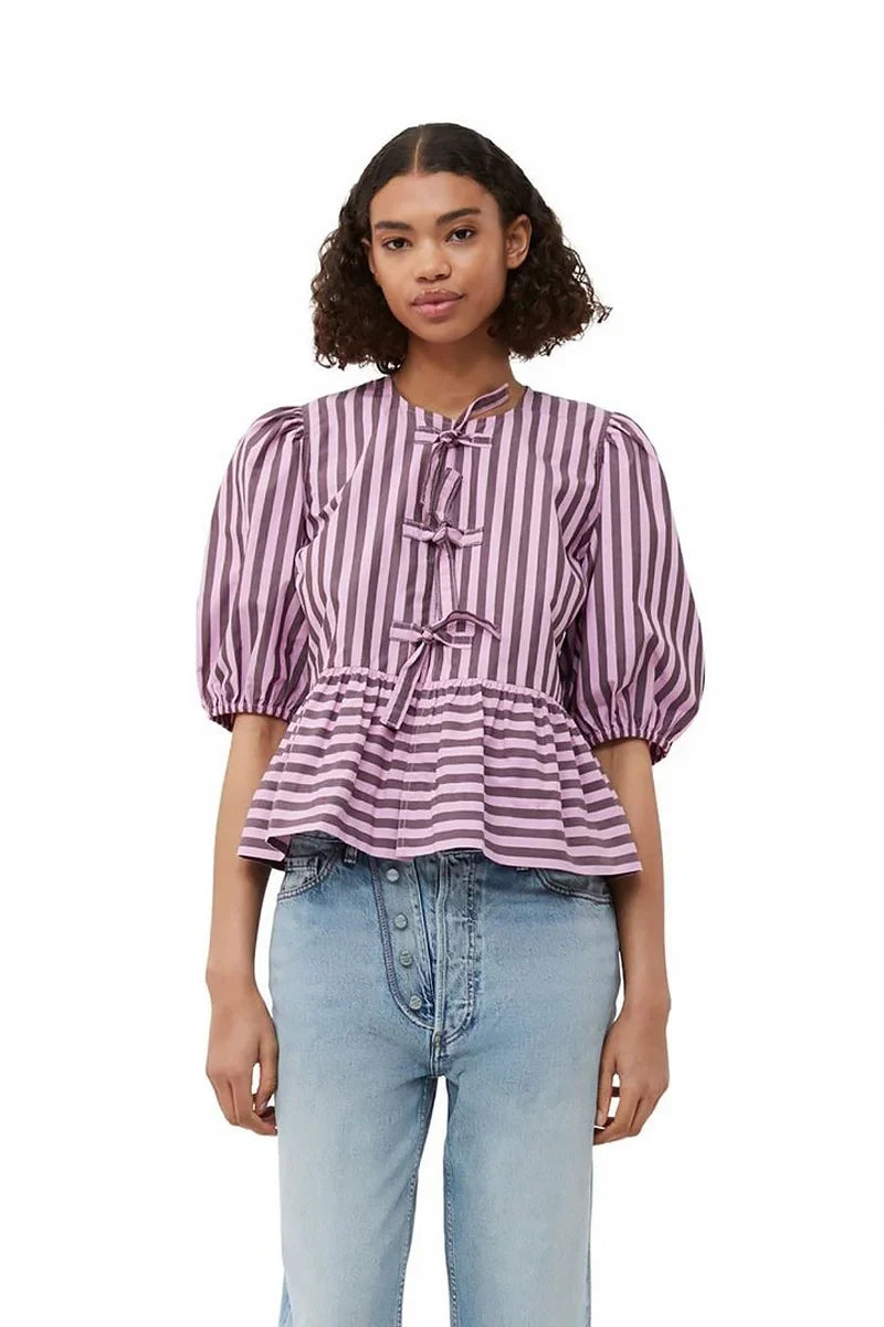 Modern Stripes Puff Sleeve Peplum Bow Ties Blouse Short Top