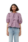 Modern Stripes Puff Sleeve Peplum Bow Ties Blouse Short Top