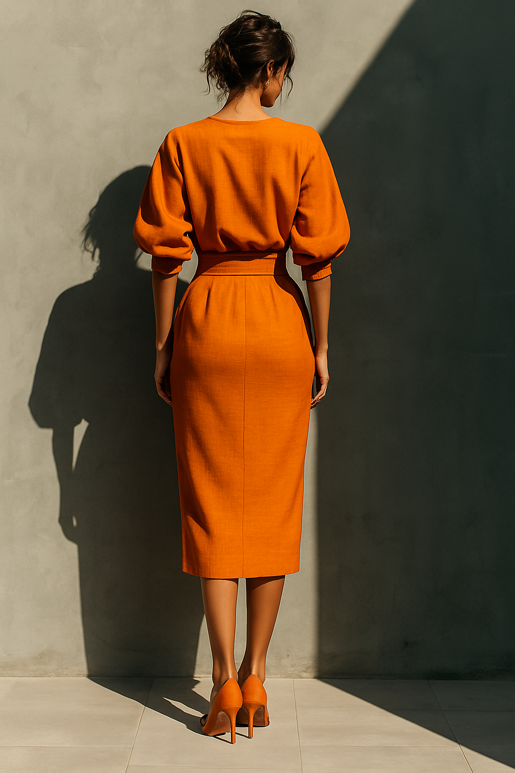 Coordinated Women's Orange Mid-sleeve Top And Midi Skirt Set