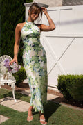 Gill Patterned Halterneck Open-Back Satin Midi-Length Dress