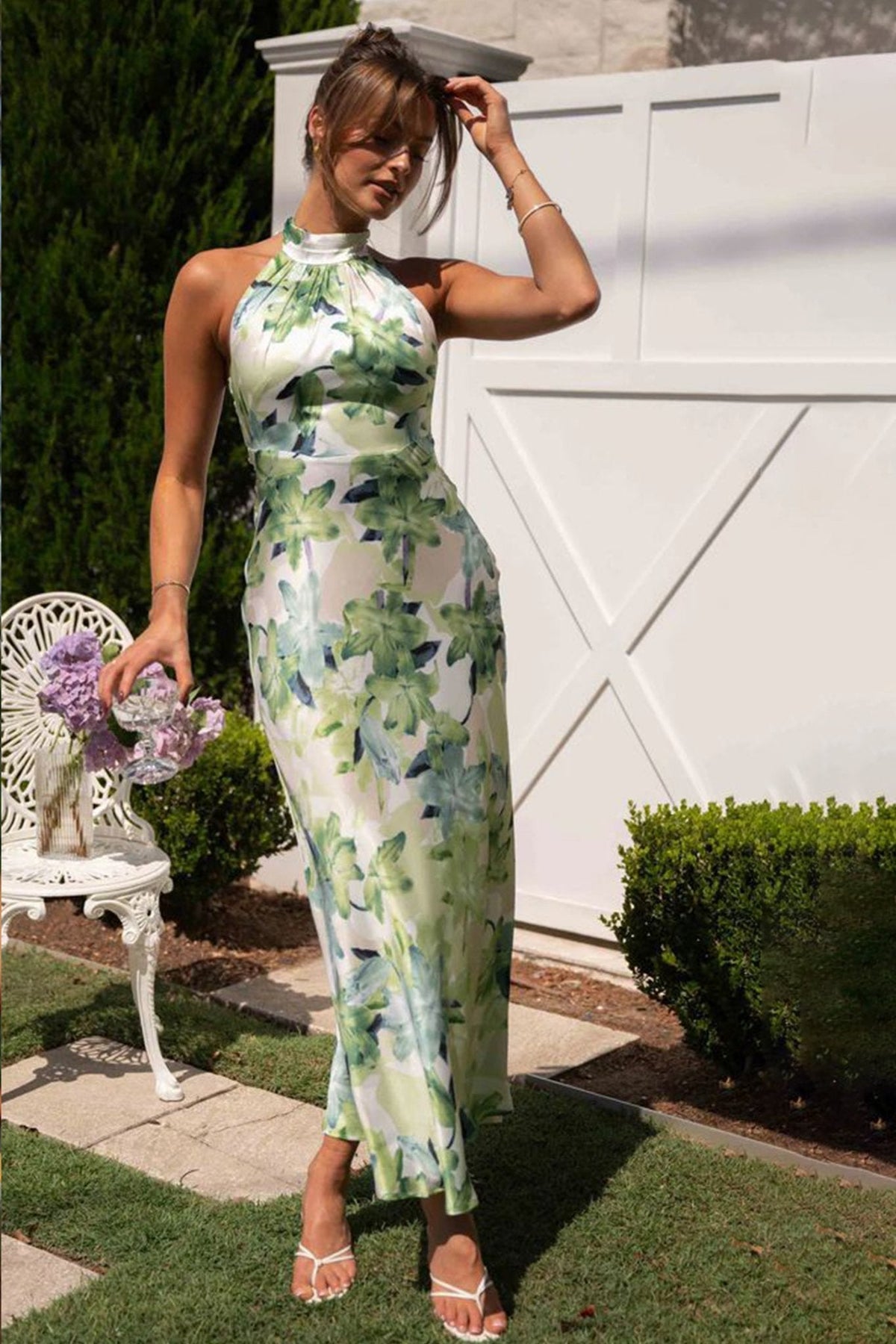 Gill Patterned Halterneck Open-Back Satin Midi-Length Dress