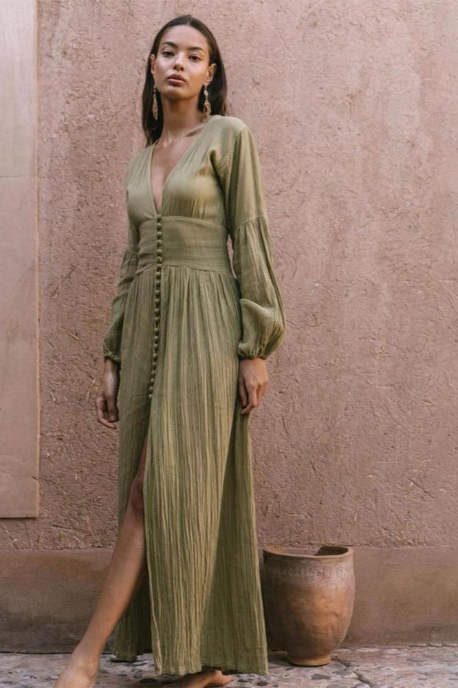 Giselle V-Neck Pleated Maxi Milkmaid Dress