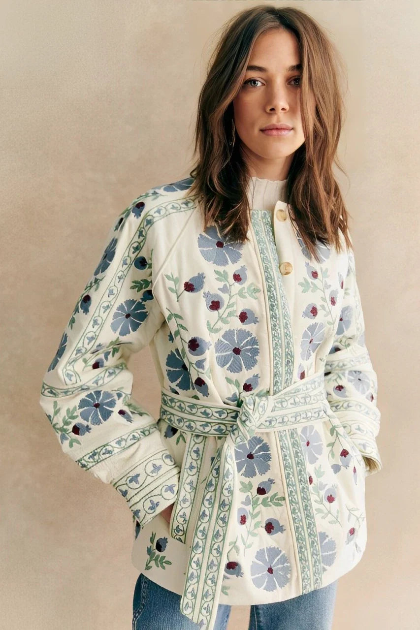 Relaxed Street Flowers Lace Up Buttons Patchwork Crew Neck Outerwear
