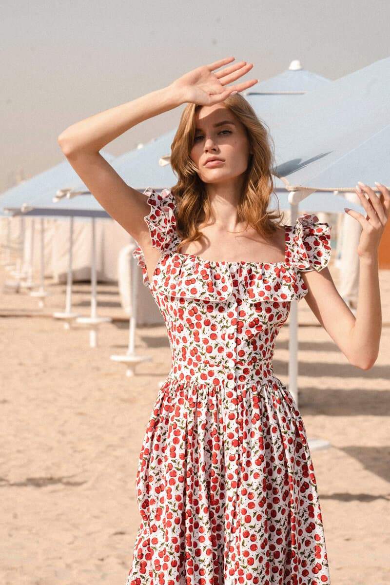 Griselda Cherry Patterned Ruffled Midi-Length Dress