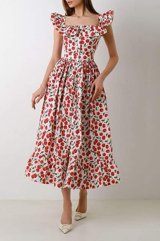 Griselda Cherry Patterned Ruffled Midi-Length Dress