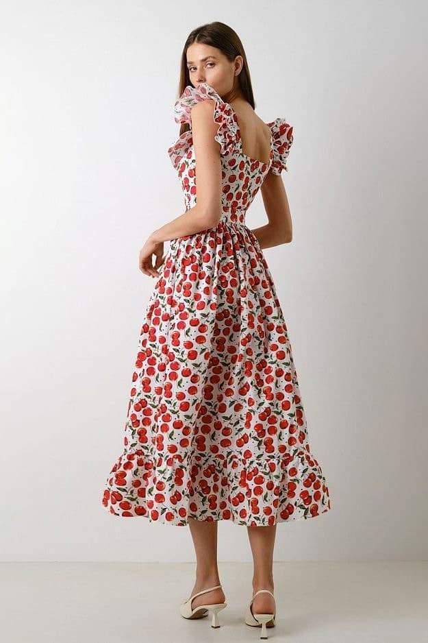 Griselda Cherry Patterned Ruffled Midi-Length Dress