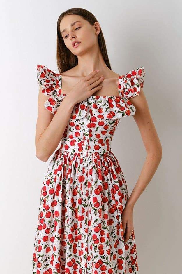 Griselda Cherry Patterned Ruffled Midi-Length Dress