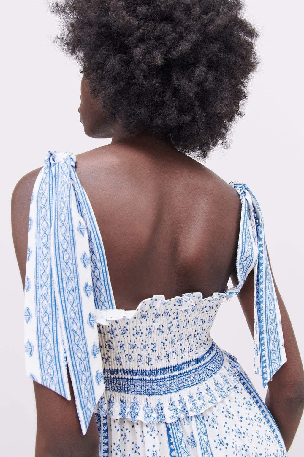 Helga Patterned Shirred Strap Midi-Length Dress