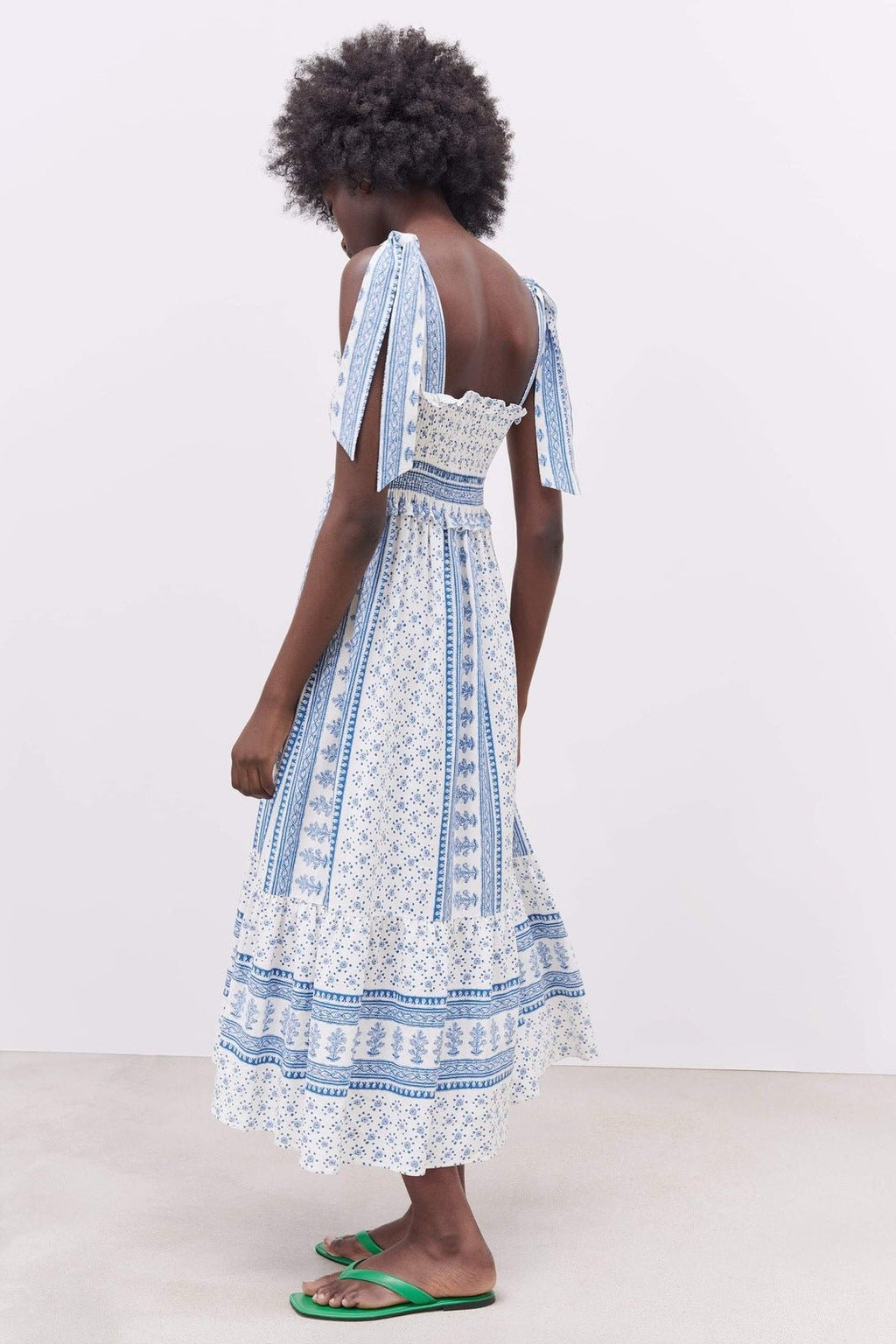 Helga Patterned Shirred Strap Midi-Length Dress