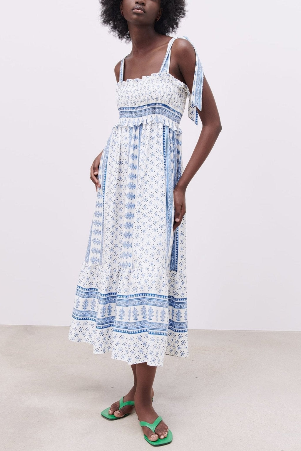 Helga Patterned Shirred Strap Midi-Length Dress