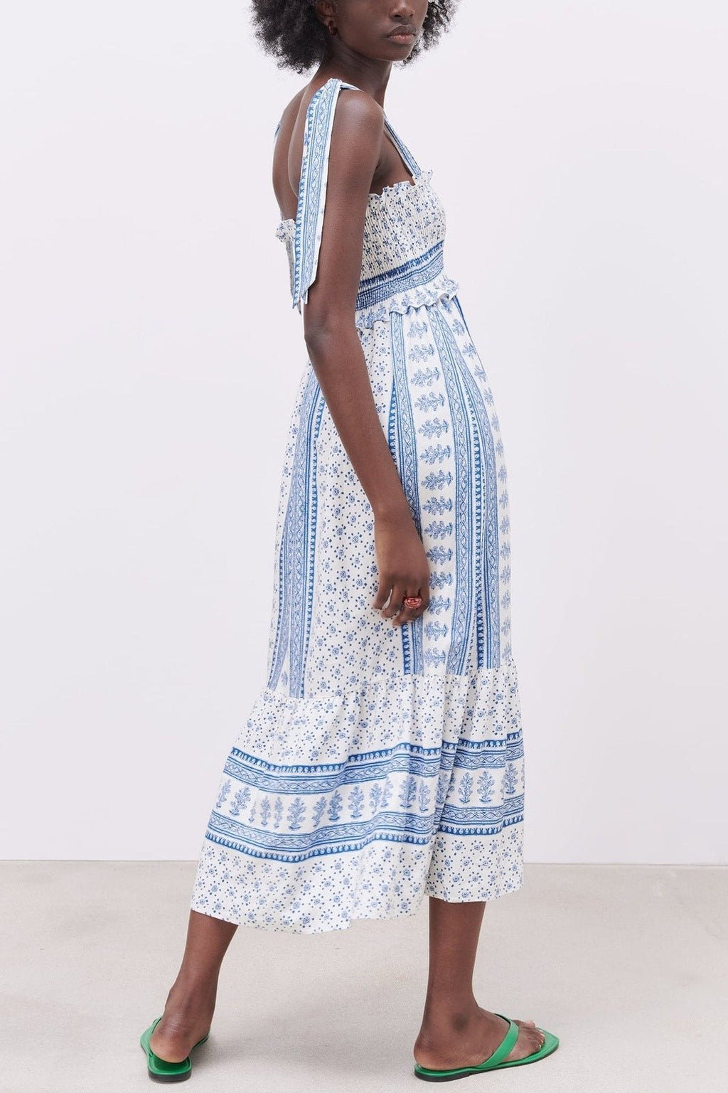 Helga Patterned Shirred Strap Midi-Length Dress