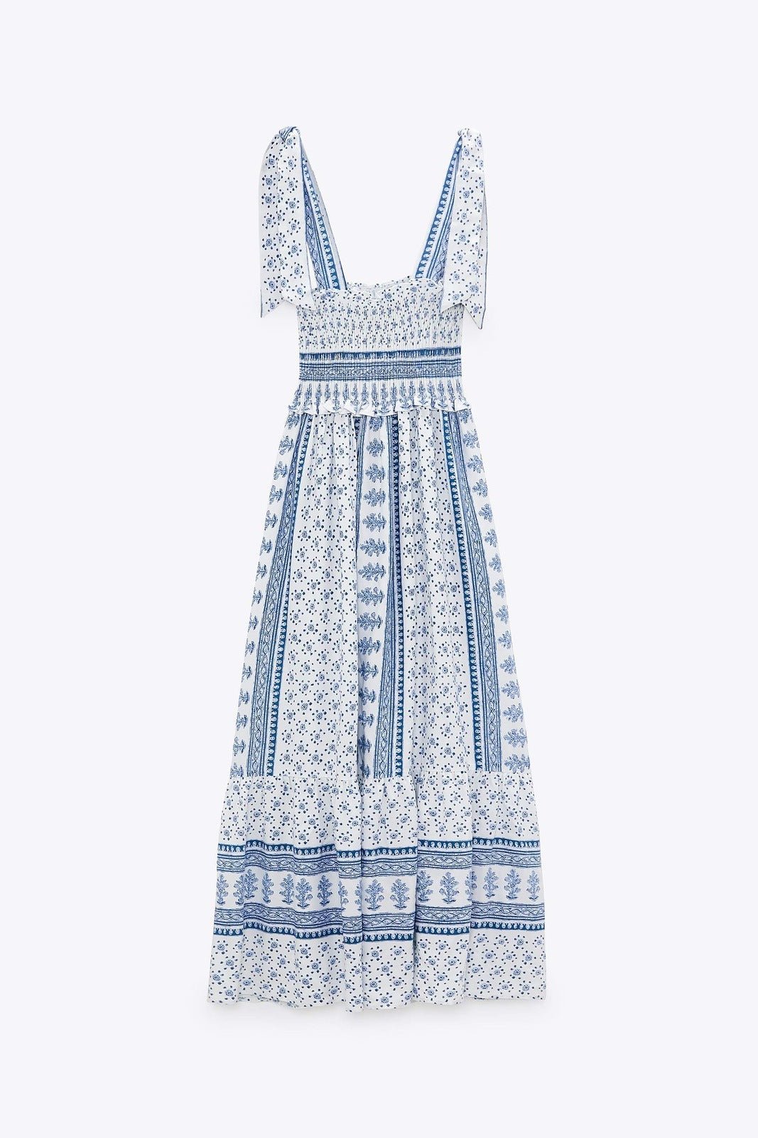 Helga Patterned Shirred Strap Midi-Length Dress