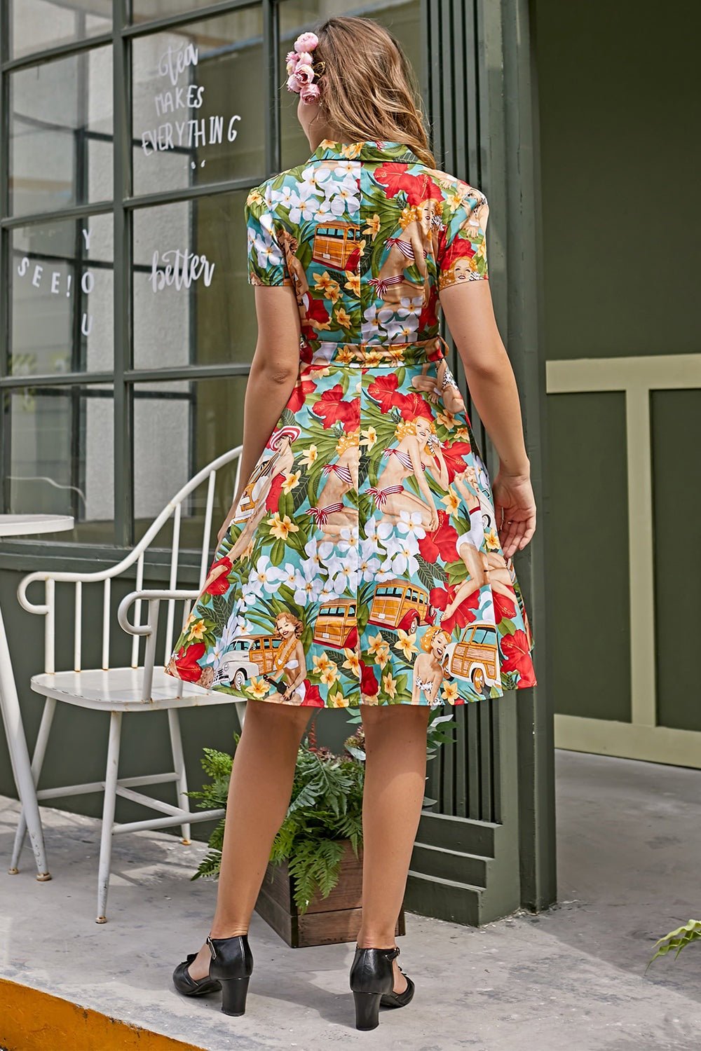 Helma Retro Patterned Belted Cotton Shirt Midi-Length Dress