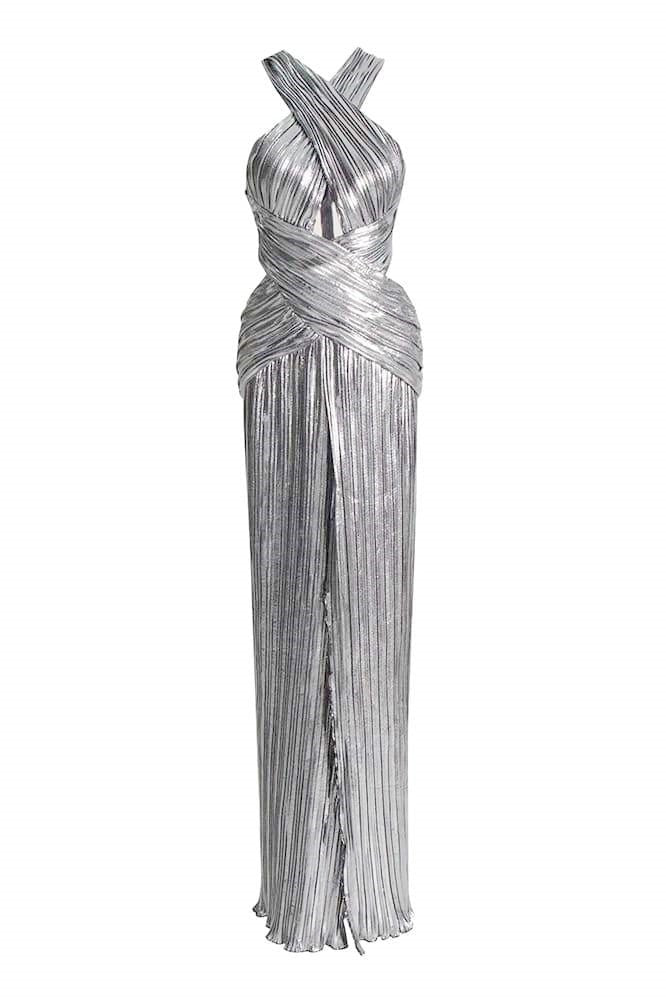 Heloise Metallic Cross Halter Neck Maxi-Length Dress