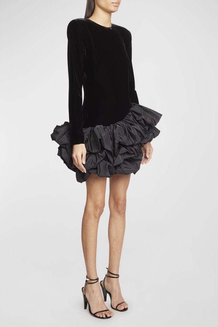 Hermosa Ruffled Asymmetric Hem Mini Velvet Dress
