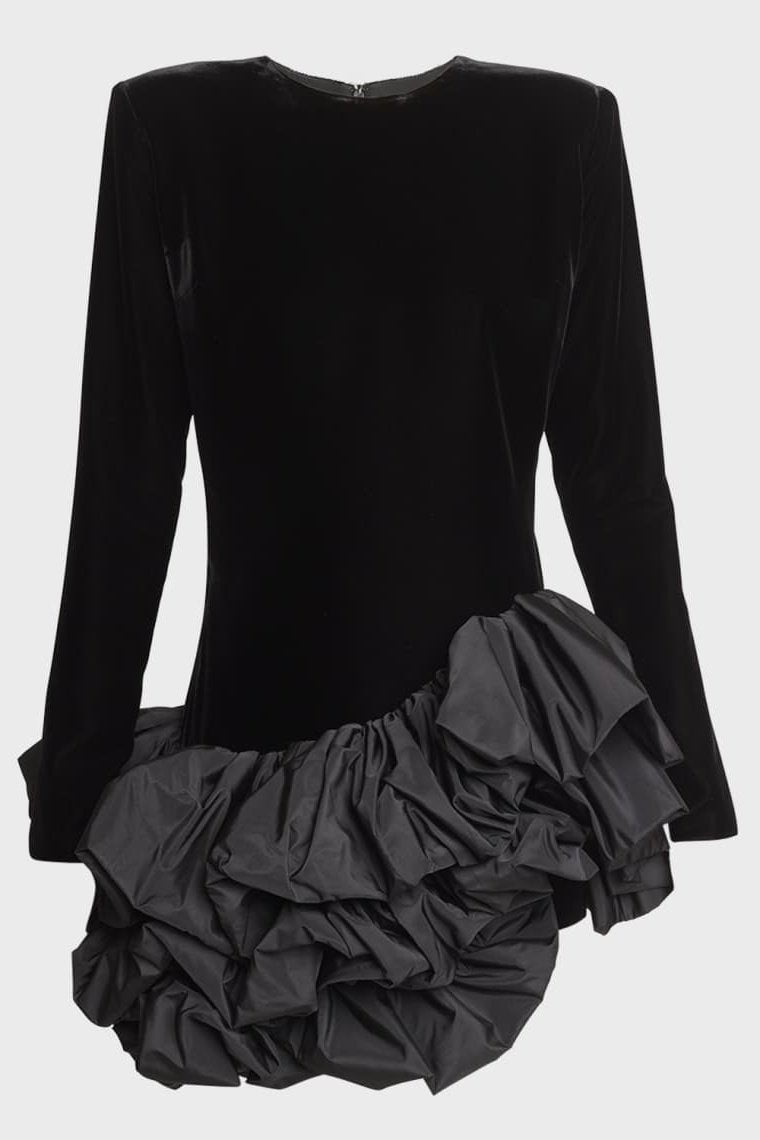 Hermosa Ruffled Asymmetric Hem Mini Velvet Dress