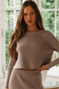 High-Waisted Rib Long Sleeve Winter Knit Sweater Two Piece Dress - Coffee