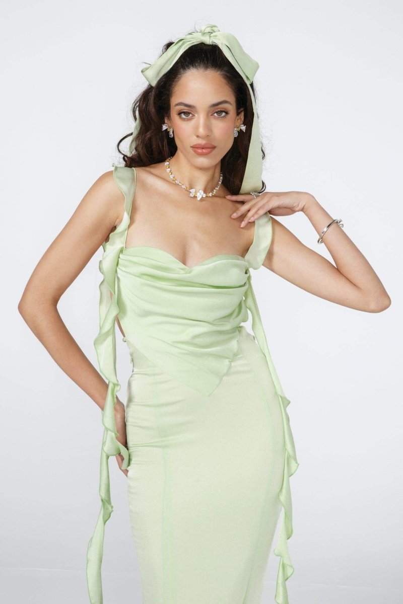 Hilda Ruffled Ribbon Open-Back Maxi-Length Dress