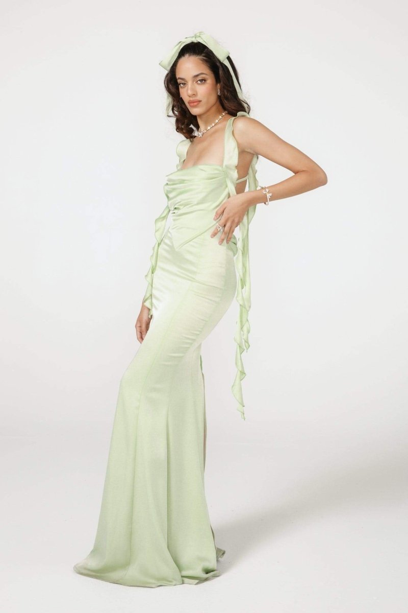Hilda Ruffled Ribbon Open-Back Maxi-Length Dress