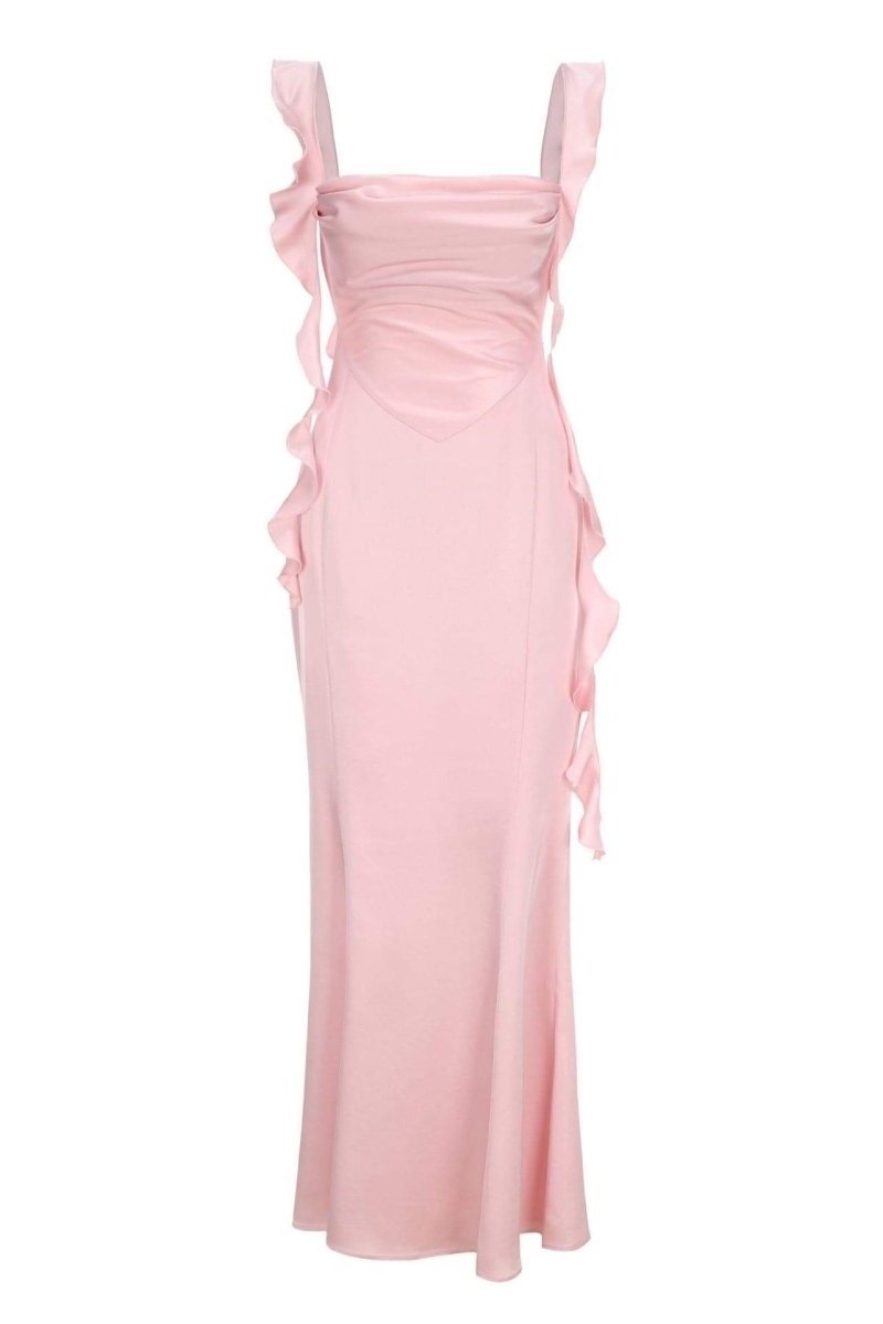 Hilda Ruffled Ribbon Open-Back Maxi-Length Dress