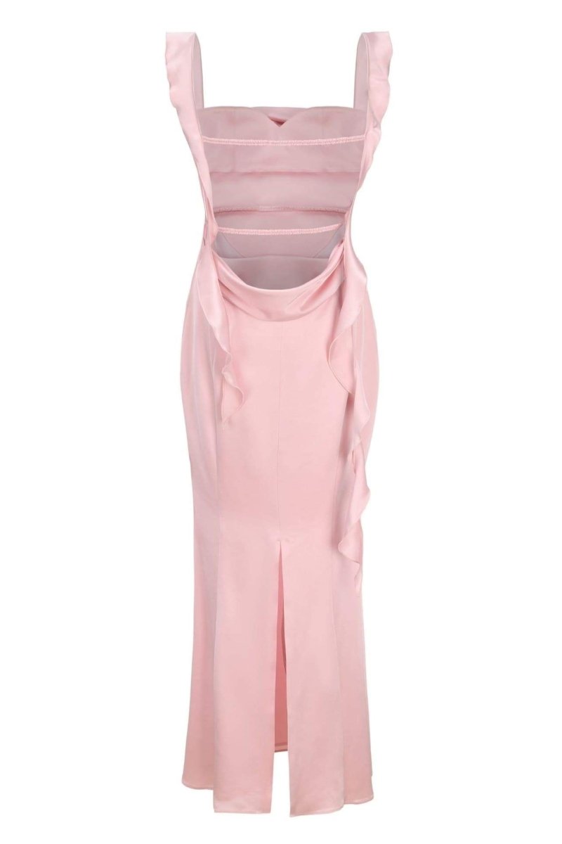 Hilda Ruffled Ribbon Open-Back Maxi-Length Dress