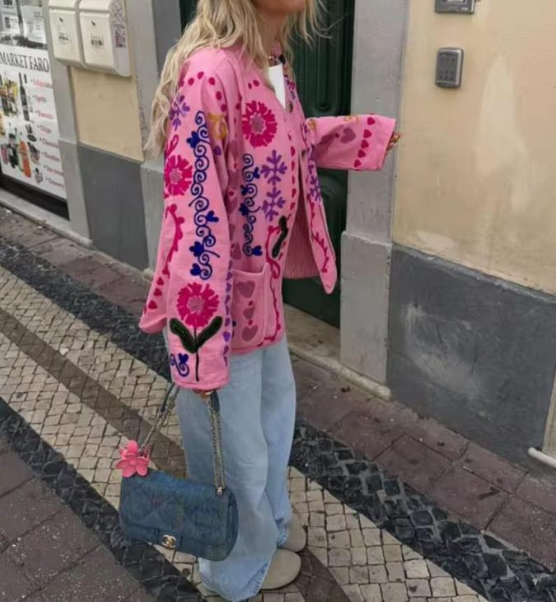 Denim Jacket with Graffiti Print and Pockets