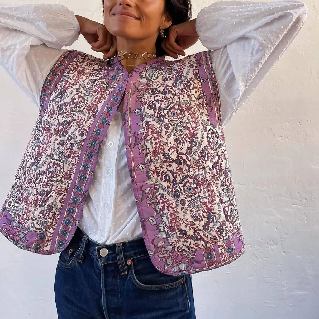 Lightweight Denim Vest with Ethnic Print and Relaxed Fit