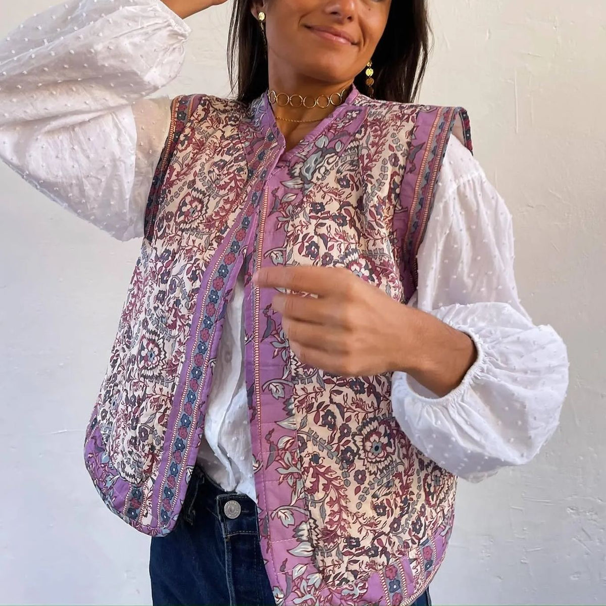 Lightweight Denim Vest with Ethnic Print and Relaxed Fit