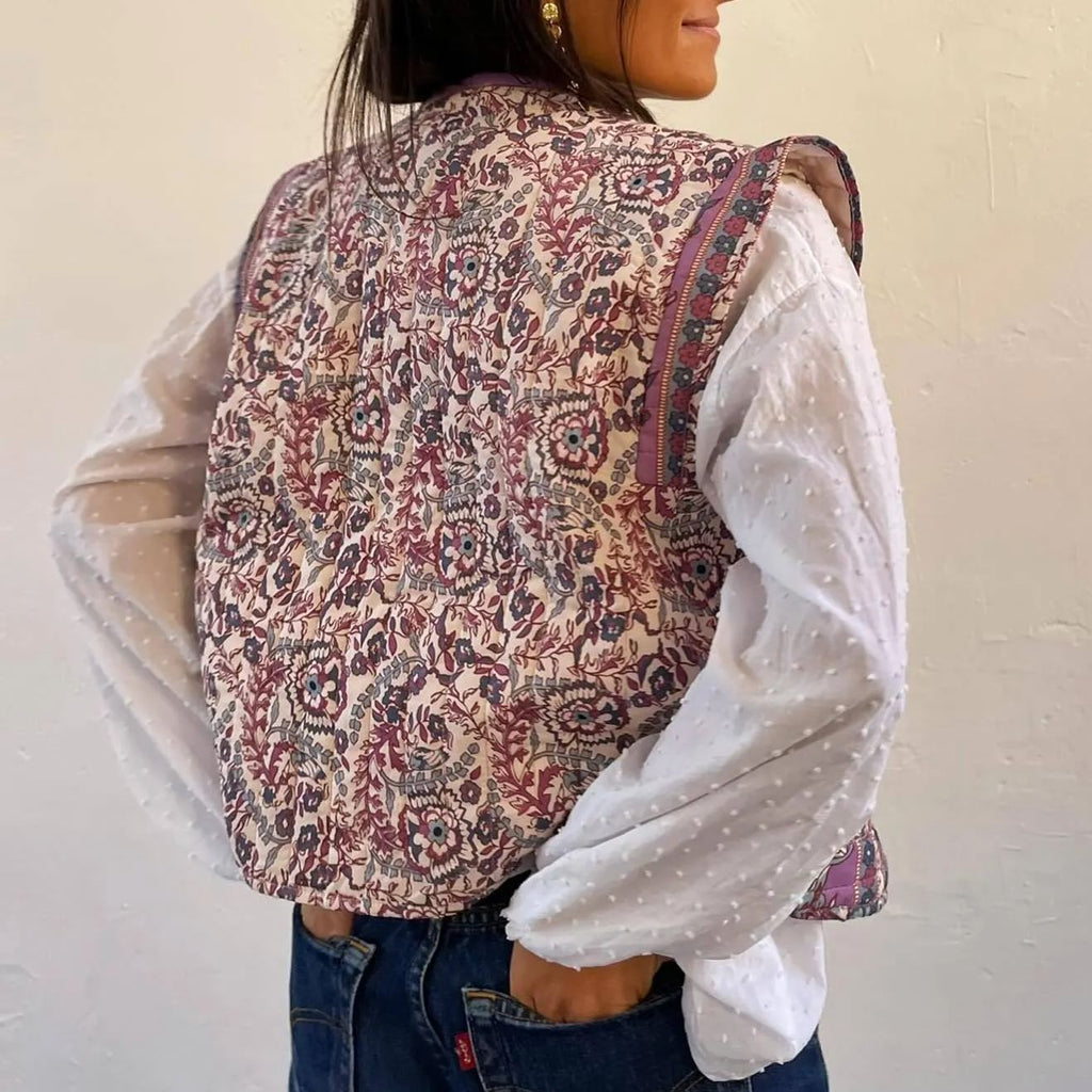 Lightweight Denim Vest with Ethnic Print and Relaxed Fit