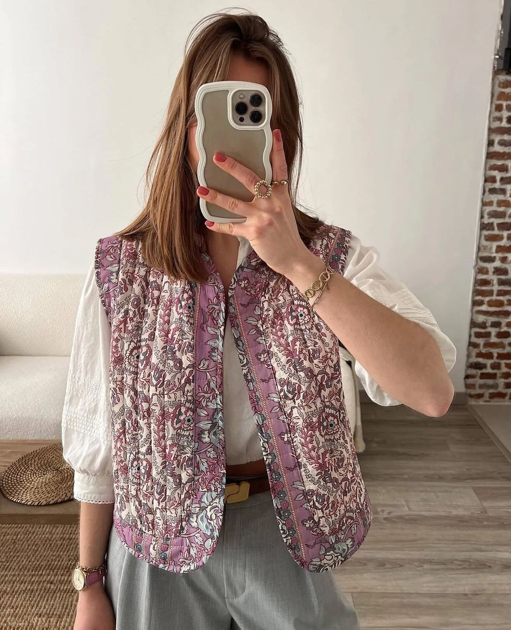 Lightweight Denim Vest with Ethnic Print and Relaxed Fit