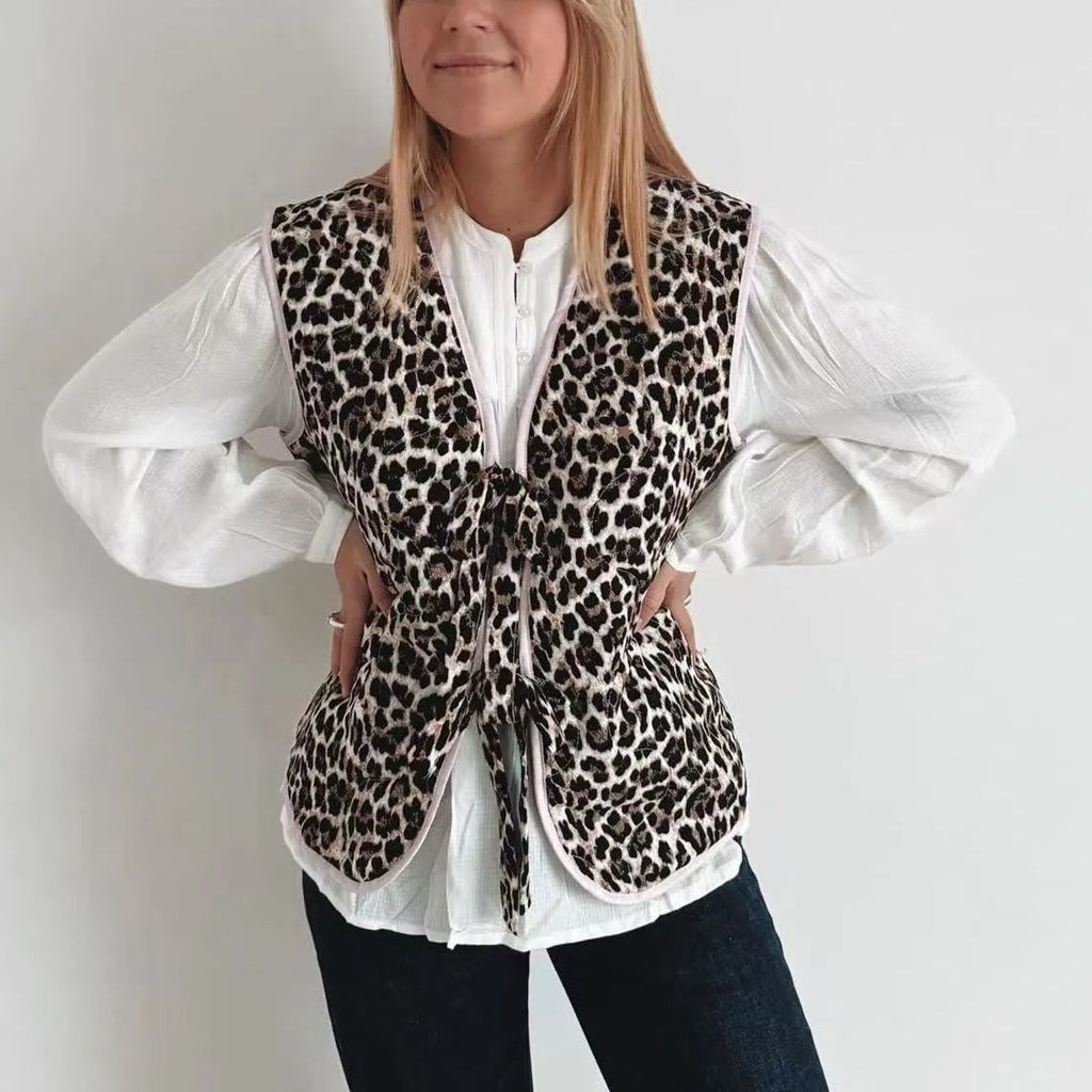 Denim Vest with Leopard Print, Bow Details and Relaxed Fit