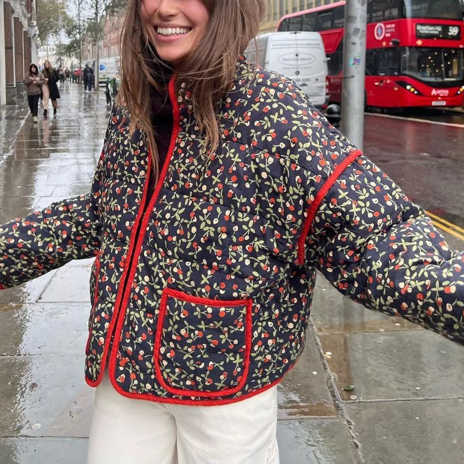 Jacket with Floral Print, Pockets and Drop Shoulders