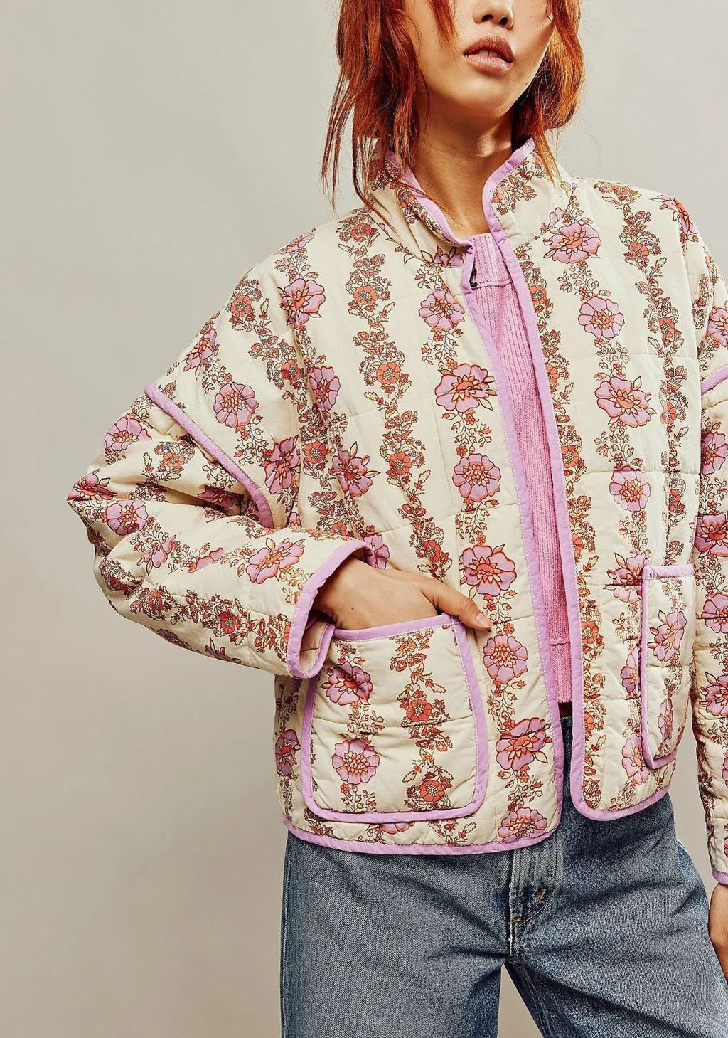 Jacket with Floral Print, Pockets and Drop Shoulders
