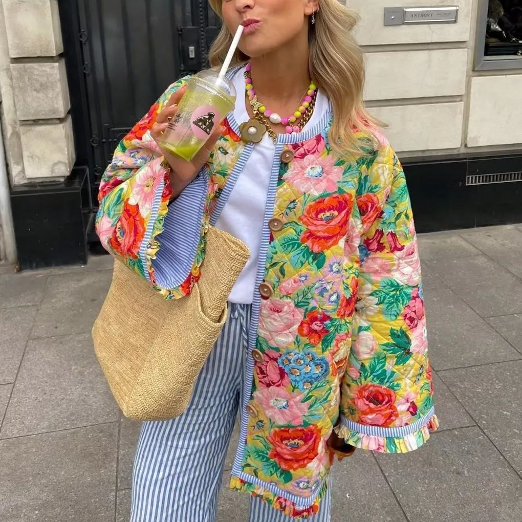 Quilted Jacket with Floral Print and Patchwork