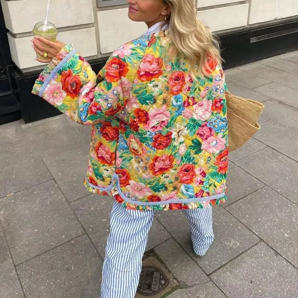 Quilted Jacket with Floral Print and Patchwork