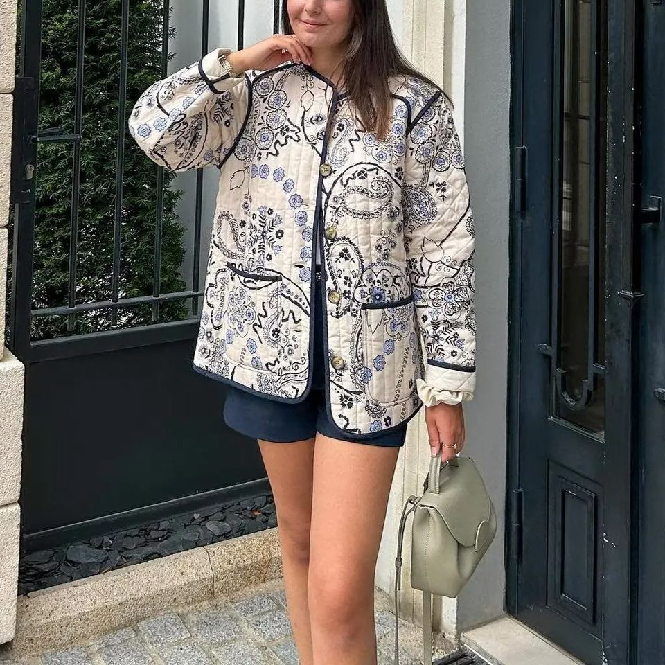 Quilted Jacket with Floral Print and Ethnic Print