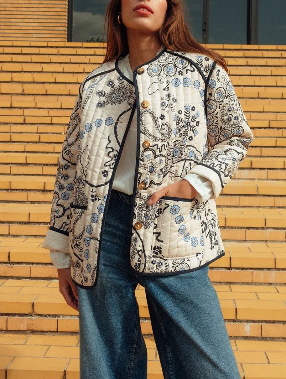 Quilted Jacket with Floral Print and Ethnic Print