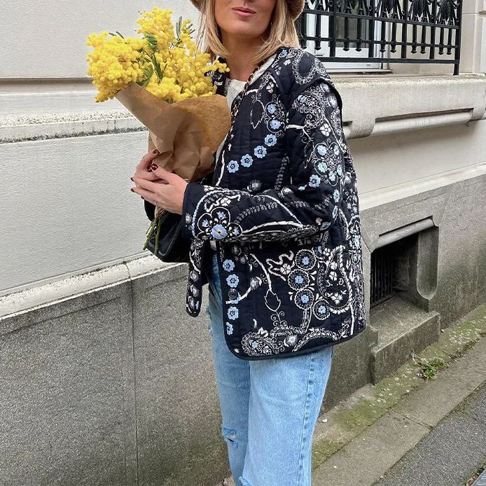 Quilted Jacket with Floral Print and Ethnic Print