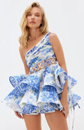 Andrea Flower Patterned One-shoulder Mini Chiffon Dress