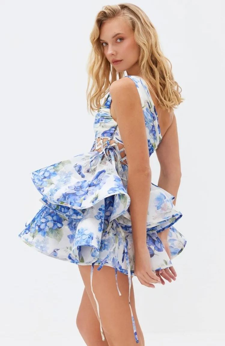 Andrea Flower Patterned One-shoulder Mini Chiffon Dress