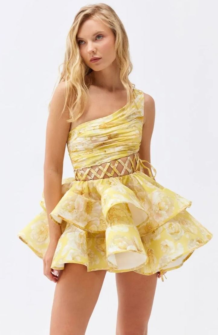 Andrea Flower Patterned One-shoulder Mini Chiffon Dress