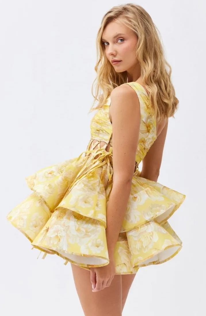 Andrea Flower Patterned One-shoulder Mini Chiffon Dress