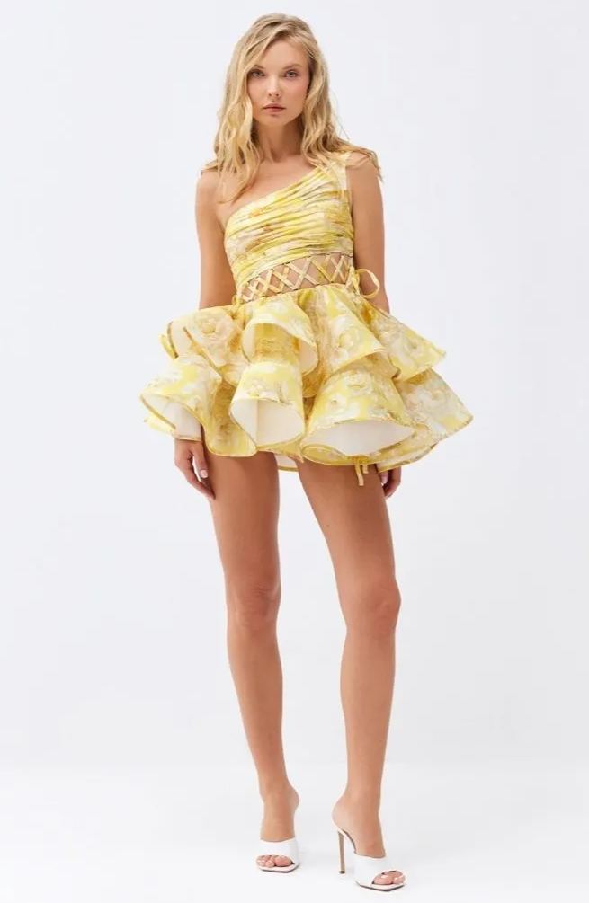 Andrea Flower Patterned One-shoulder Mini Chiffon Dress