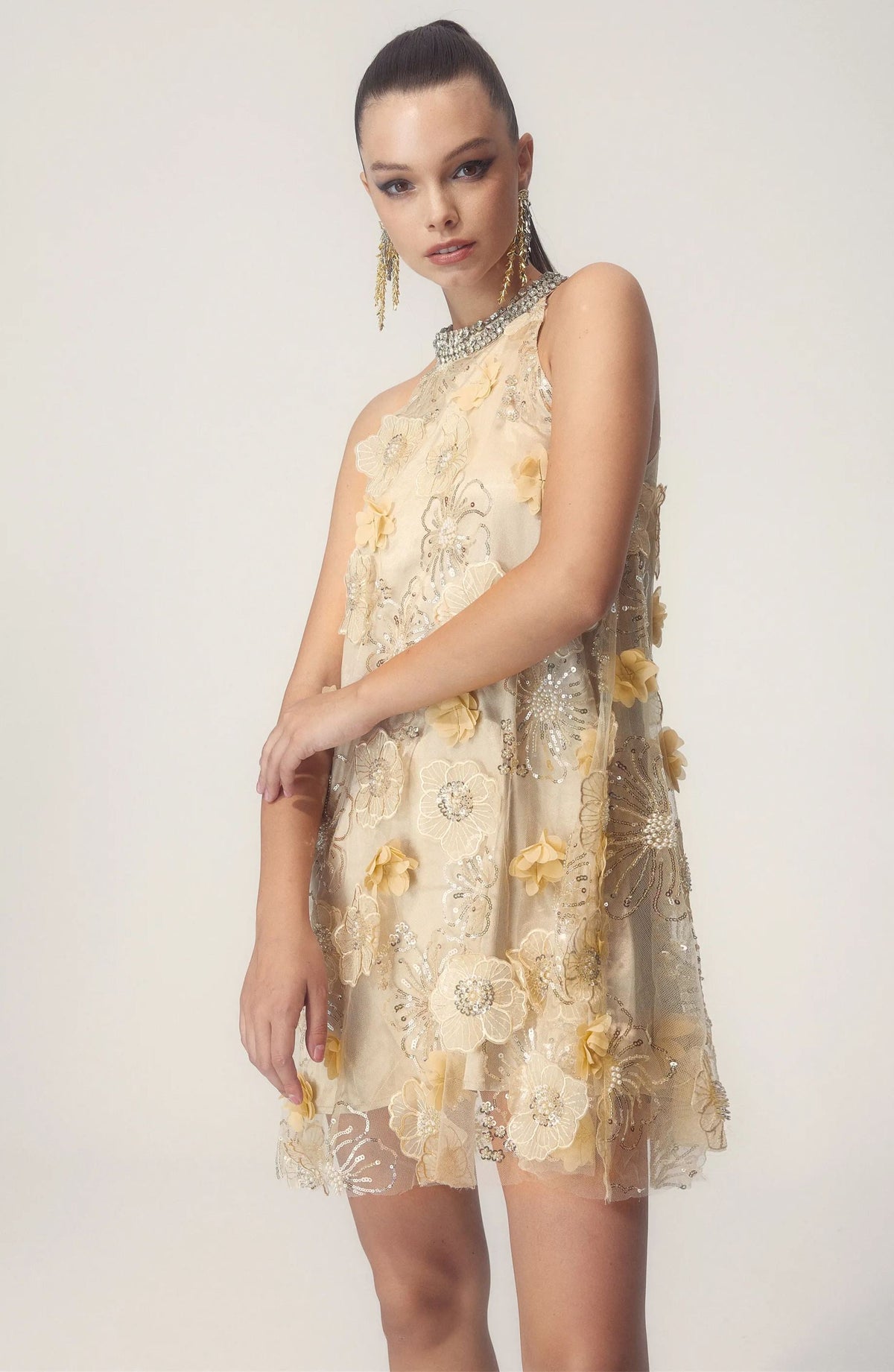 Ella Halter Flower Embroidered Sequins Mini-Length Dress